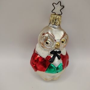 Vintage German Owl Ornament Blown Glass Figural Red Coat Mica Trim 3.75"